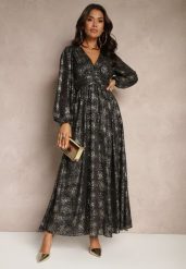 Czarna Rozkloszowana Sukienka z Ozdobnym Metalicznym Wzorem i Gumką w Talii Bonina. Czarne sukienki damskie Renee, na co dzień, l, bez wzorów, eleganckie, bez kołnierzyka, bez ramiączek, maxi, rozkloszowane. W wyprzedaży za 132.99 zł.