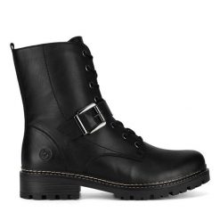 Botki Remonte. Czarne botki damskie Remonte, bez obcasa, na płaskiej podeszwie, bez zapięcia. Za 415.99 zł.