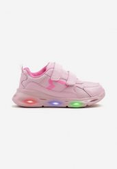 Różowe Buty Sportowe z Ledami na Podeszwie Zapinane na Rzep Cleada. Czerwone sukienki niemowlęce Born2be, bez wzorów, z jeansu, bez ramiączek. Za 44.99 zł.