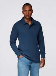 Bluza męska z kołnierzykiem polo ze strukturalnej dzianiny - ciemnoniebieska V5 - Rozmiar: L. Niebieskie bluzy bez kaptura męskie Ombre Clothing, l, z bawełny. W wyprzedaży za 59.99 zł.