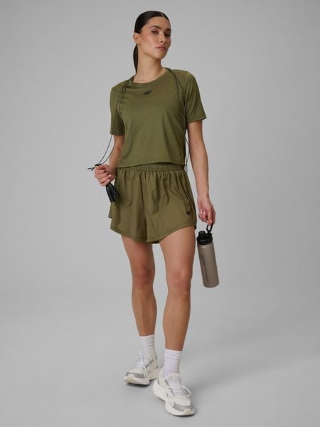 4F Spodenki treningowe szybkoschnące damskie - oliwkowe XL. Brązowe szorty damskie 4f, bez wzorów, z podwyższonym stanem. Za 129.99 zł.