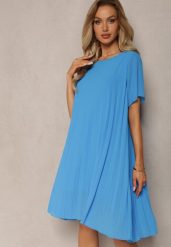 Niebieska Plisowana Sukienka o Rozkloszowanym Kroju Orxiala. Niebieskie sukienki damskie Renee, s, bez wzorów, eleganckie, bez kołnierzyka, bez ramiączek, mini, rozkloszowane. W wyprzedaży za 59.49 zł.