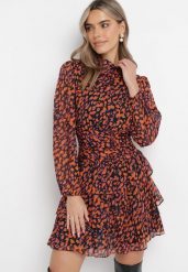 Pomarańczowa Rozkloszowana Sukienka Mini w Modny Print Ozdobiona Brokatem Ifigentta. Brązowe sukienki damskie Born2be, na imprezę, l, bez wzorów, bez kołnierzyka, bez ramiączek, mini, rozkloszowane. W wyprzedaży za 151.99 zł.