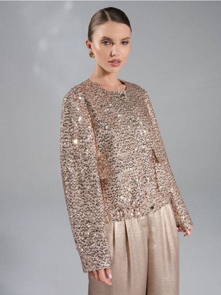 Żakiet z połyskującymi cekinami - złoty. Żółte marynarki i żakiety damskie Sinsay, l, bez wzorów. Za 69.99 zł.