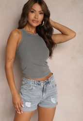 Niebieskie Szorty Jeansowe z Bawełny High Waist Wykończone Przetarciami Nellonia. Niebieskie szorty damskie Renee, bez wzorów, z bawełny, eleganckie, z podwyższonym stanem. Za 44.99 zł.