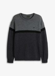 Sweter z okrągłym dekoltem, z blokami kolorów, z łatwego w pielęgnacji materiału. Szare swetry męskie bonprix, m, bez wzorów, bez kołnierzyka. Za 97.99 zł.