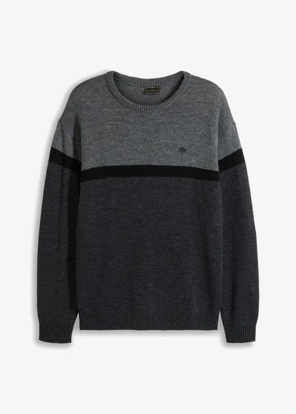 Sweter z okrągłym dekoltem, z blokami kolorów, z łatwego w pielęgnacji materiału. Szare swetry męskie bonprix, m, bez wzorów, bez kołnierzyka. Za 97.99 zł.