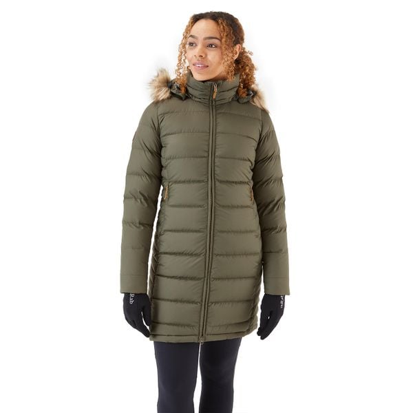 Płaszcz puchowy damski Rab Deep Cover Down Parka z kapturem. Zielone parki damskie RAB, bez wzorów, z puchu. Za 799.99 zł.