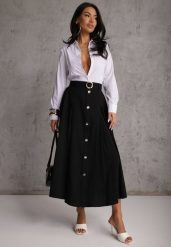 Czarna Rozkloszowana Spódnica z Kieszonkami i Paskiem z Klamrą Qualea. Czarne spódniczki damskie Renee, l, bez wzorów, z bawełny, eleganckie, midi, dopasowane. Za 129.99 zł.