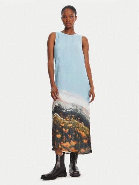 Desigual Sukienka codzienna Plisado Paisaje 25WWVW07 Błękitny Regular Fit. Niebieskie sukienki damskie Desigual, na co dzień, l, bez wzorów, z syntetyku, bez kołnierzyka, bez ramiączek, proste. Za 579.99 zł.