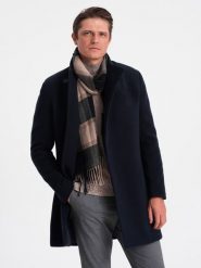 Płaszcz męski z asymetrycznym zapięciem - granatowy V3. Niebieskie płaszcze męskie Ombre Clothing, m, bez wzorów, z poliesteru. W wyprzedaży za 199.99 zł.