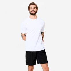 Koszulka fitness męska Domyos krótki rękaw. Białe szorty męskie DOMYOS, l, z materiału, na fitness i siłownię. Za 49.99 zł.