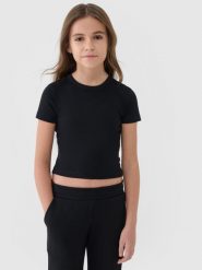 4F T-shirt slim crop top gładki dziewczęcy - czarny 140 (9-10 lat). Czarne koszulki dziewczęce 4f, s, bez wzorów, z bawełny, bez ramiączek. W wyprzedaży za 19.99 zł.
