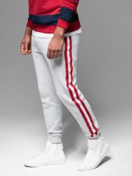 Męskie spodnie dresowe z lampasami i ściągaczami na nogawkach – szary melanż V1 OM-PASK-0258 - XXL. Szare spodnie dresowe męskie Ombre Clothing, z aplikacjami, z bawełny. Za 119.99 zł.