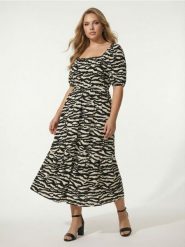 Wzorzysta sukienka midi z marszczeniem - wielobarwny. Sukienki damskie Sinsay, l, bez wzorów, bez kołnierzyka, bez ramiączek, midi. Za 59.99 zł.