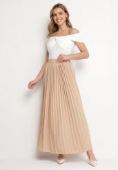 Beżowa Spódnica o Rozkloszowanym Kroju z Plisami i Gumką w Talii Ulithra. Brązowe spódniczki damskie Born2be, l, bez wzorów, eleganckie, maxi, dopasowane. Za 59.99 zł.
