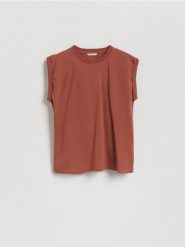 T-shirt z zakładką na plecach - brązowy. Brązowe koszulki dziewczęce Reserved, bez wzorów, z bawełny, bez ramiączek. Za 45.99 zł.