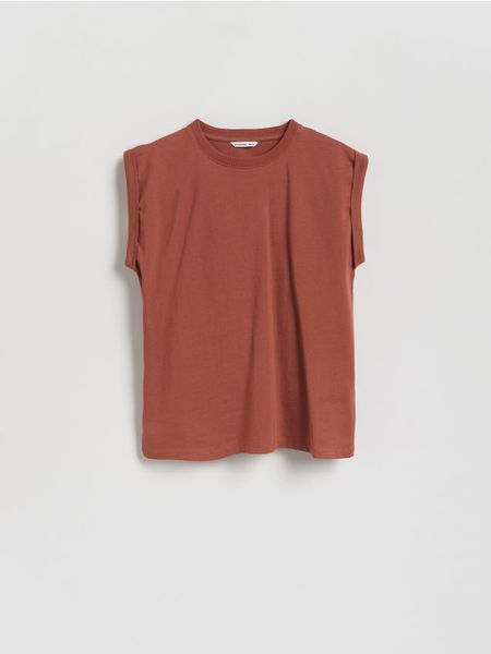 T-shirt z zakładką na plecach - brązowy. Brązowe koszulki dziewczęce Reserved, bez wzorów, z bawełny, bez ramiączek. Za 45.99 zł.