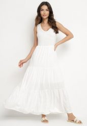 Biała Bawełniana Sukienka Maxi Bez Rękawów Lorenis. Białe sukienki damskie Born2be, na co dzień, na lato, l, bez wzorów, z bawełny, eleganckie, bez kołnierzyka, bez ramiączek, maxi, kopertowe. W wyprzedaży za 103.99 zł.