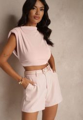 Różowe Szorty High Waist z Paskiem Linave. Czerwone szorty damskie Renee, bez wzorów, eleganckie, z podwyższonym stanem. Za 74.99 zł.