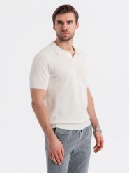 Bawełniana koszulka męska polo ze strukturalnej dzianiny – złamana biel V4 OM-POSS-0117 - XXL. Koszulki polo męskie Ombre Clothing, l, bez wzorów, z bawełny, bez ramiączek. W wyprzedaży za 99.99 zł.