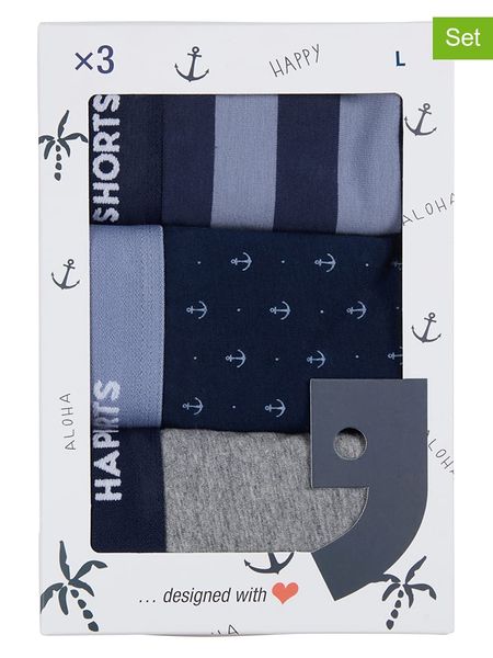 Happy Shorts Bokserki (3 pary) w kolorze granatowo-szarym rozmiar: M. Niebieskie bokserki męskie Happy Shorts, bez wzorów. Za 65.69 zł.