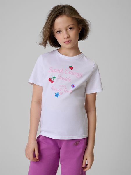 Дитячий t-shirt regular з принтом - білий. T-shirty damskie 4f, bez wzorów, bez kołnierzyka. Za 579.90 zł.
