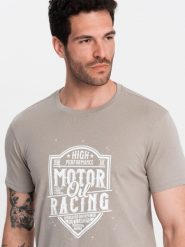 T-shirt męski z nadrukiem w stylu motocyklowym – popielaty V3 OM-TSPT-0125 - XL. Szare t-shirty męskie Ombre Clothing, l, bez wzorów, z bawełny, bez kołnierzyka. W wyprzedaży za 29.99 zł.