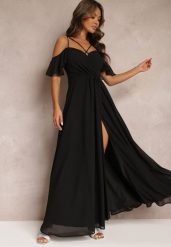 Czarna Rozkloszowana Sukienka Maxi o Kopertowym Fasonie na Cienkich Ramiączkach Burwena. Czarne sukienki damskie Renee, s, bez wzorów, bez kołnierzyka, bez ramiączek, maxi, kopertowe. W wyprzedaży za 118.99 zł.