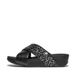 Klapki damskie FitFlop Lulu Crystal-Mix Metallic Cross. Czarne klapki damskie FIT FLOP, bez wzorów, z gumy, bez obcasa. Za 493.50 zł.