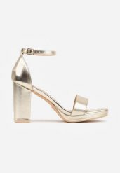 Złote Sandały VICES na Słupku z Wkładką ze Skóry Naturalnej Azirera. Żółte sandały damskie Born2be, bez wzorów, ze skóry, bez obcasa, na obcasie. Za 109.99 zł.