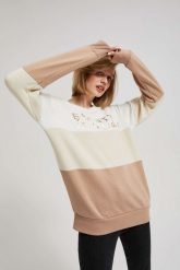 Bluza z nadrukiem ciemnobeżowa. Brązowe bluzy bez kaptura damskie MOODO, m, z bawełny. W wyprzedaży za 54.99 zł.