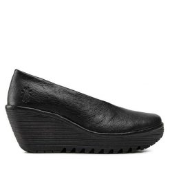 Półbuty Fly London. Czarne półbuty damskie Fly London, bez wzorów, bez obcasa, na koturnie. Za 459.99 zł.