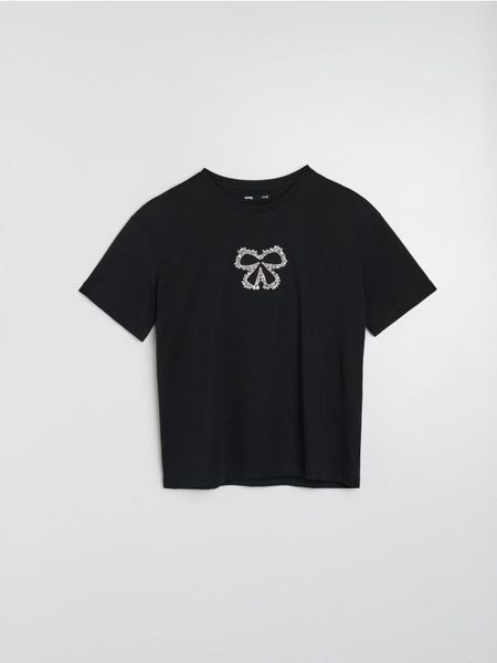 Bawełniana koszulka z cyrkoniami - czarny. Czarne t-shirty damskie Sinsay, l, bez wzorów, z bawełny, bez kołnierzyka. Za 29.99 zł.