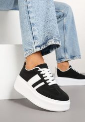 Czarne Sneakersy Kultowe Tenisówki na Platformie z Koturnem Elisara. Czarne trampki i tenisówki damskie Born2be, bez wzorów, z jeansu. Za 79.99 zł.