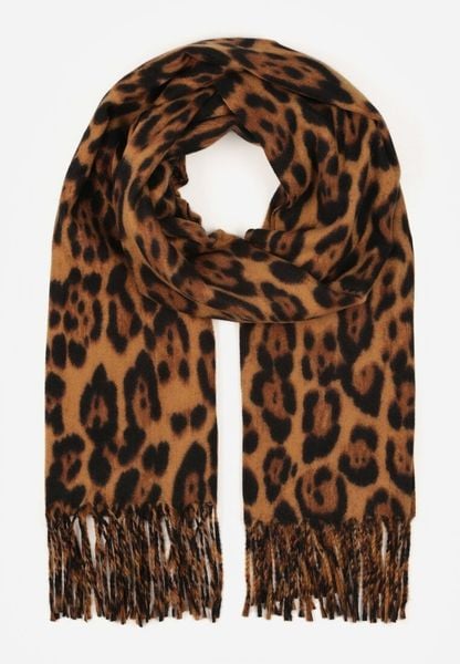 Brązowy Panterkowy Szalik z Wiskozy Zdobiony Frędzlami Ferialda. Brązowe szaliki i kominy damskie Renee, z aplikacjami, z jeansu. Za 39.99 zł.