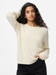 Pieces Sweter "Pcfia" w kolorze kremowym rozmiar: M. Brązowe swetry klasyczne damskie Pieces, m, ze splotem, bez kołnierzyka. Za 109.00 zł.