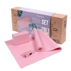 Zestaw do jogi myga Yoga Starter Kit: mata, klocek, pasek - pudrowy róż. Czerwone paski damskie Myga, bez wzorów, sportowe. Za 139.99 zł.