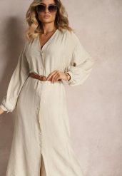 Beżowa Sukienka w Stylu Koszulowym z Bufiastymi Rękawami i Wiskozą Denisea. Brązowe sukienki damskie Renee, na spotkanie biznesowe, bez wzorów, z tkaniny, eleganckie, bez kołnierzyka, bez ramiączek, midi, koszulowe. W wyprzedaży za 76.99 zł.