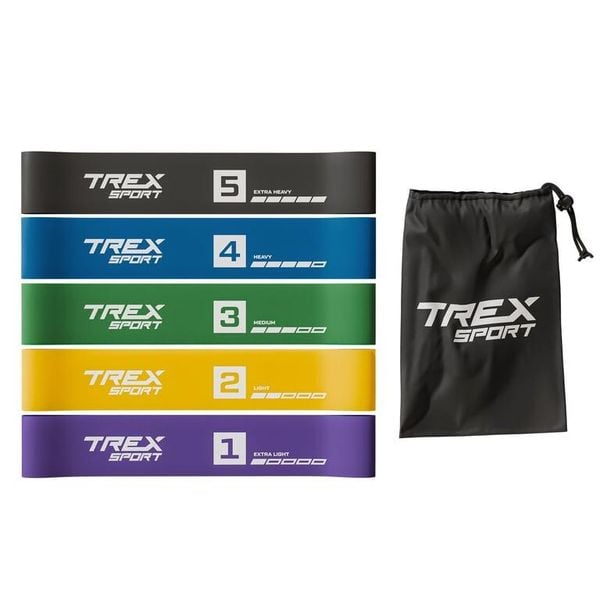 Zestaw 5 gum oporowych Trex Sport Miniband 1–18 kg z torbą. Torebki klasyczne damskie TREX SPORT, bez wzorów, bez dodatków. Za 19.50 zł.