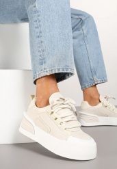 Beżowe Streetwearowe Sneakersy Trampki na Platformie Danenith. Brązowe trampki i tenisówki damskie Renee, bez wzorów, z jeansu. Za 99.99 zł.