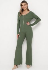 Zielony Wiskozowy Kombinezon Bodycon z Prążkowaniem i Suwakiem Alnorema. Zielone kombinezony damskie Born2be, bez wzorów, prążkowane, eleganckie, bez kołnierzyka, bez ramiączek. Za 129.99 zł.