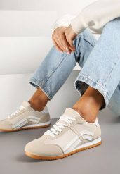 Beżowe Sneakersy Klasyczne Tenisówki Zdobione Przeszyciami Ellexia. Brązowe trampki i tenisówki damskie Renee, z aplikacjami, z jeansu. Za 74.99 zł.