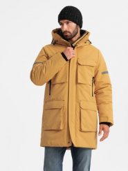 Długa ocieplana męska kurtka z odblaskowymi elementami – żółta V2 OM-JALJ-0169 - XXL. Żółte kurtki męskie Ombre Clothing, l, z aplikacjami, z gumy, z kapturem. W wyprzedaży za 169.99 zł.