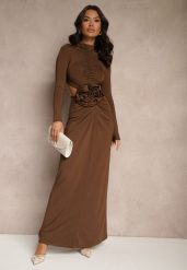Brązowa Koktajlowa Sukienka z Wiskozą Ozdobiona Kwiatem 3D i Wycięciami Hannith. Brązowe sukienki damskie Renee, na imprezę, s, bez wzorów, z wiskozy, eleganckie, bez kołnierzyka, bez ramiączek, maxi. Za 149.99 zł.