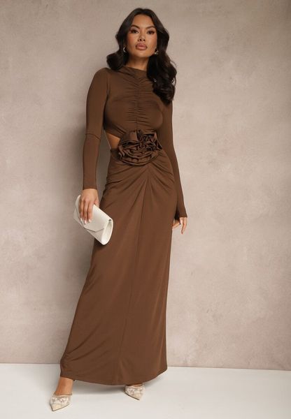 Brązowa Koktajlowa Sukienka z Wiskozą Ozdobiona Kwiatem 3D i Wycięciami Hannith. Brązowe sukienki damskie Renee, na imprezę, s, bez wzorów, z wiskozy, eleganckie, bez kołnierzyka, bez ramiączek, maxi. Za 149.99 zł.