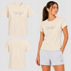 KOSZULKA DAMSKA 4F T-SHIRT SPORTOWY Z NADRUKIEM BAWEŁNIANY L F2743 SS26. Brązowe bluzki sportowe damskie 4f, l, bez wzorów, z bawełny, bez ramiączek. Za 46.28 zł.
