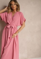 Różowa Rozkloszowana Sukienka z Bawełną i Paskiem Lunapinia. Czerwone sukienki damskie Renee, na co dzień, l, bez wzorów, z bawełny, bez kołnierzyka, bez ramiączek, maxi, kopertowe. W wyprzedaży za 79.99 zł.
