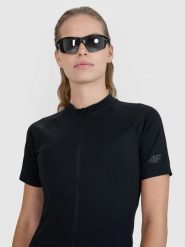 4F Koszulka rowerowa damska - czarna XL. Czarne bluzki sportowe damskie 4f, l, z materiału, bez kołnierzyka, bez ramiączek. W wyprzedaży za 119.99 zł.