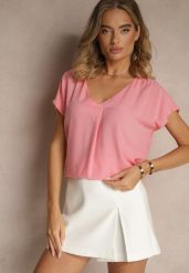 Różowa Bluzka z Wiskozy z Trójkątnym Dekoltem Tilimira. Czerwone bluzki damskie Renee, l, bez wzorów, z jeansu, eleganckie, bez kołnierzyka, bez ramiączek. Za 59.99 zł.